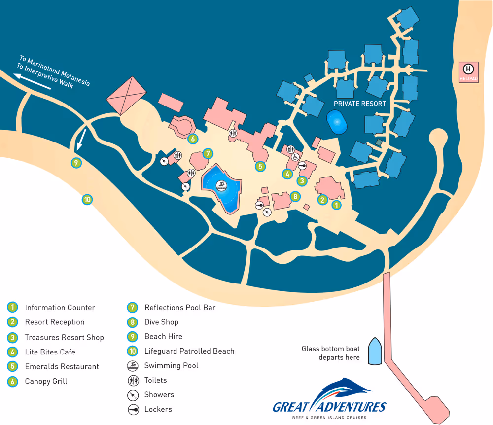 Map of Great Adventures resort showing numbered locations including information counter, reception, shops, cafes, restaurants, pool, dive shop, beach hire, patrolled beach, and a glass bottom boat departure point.