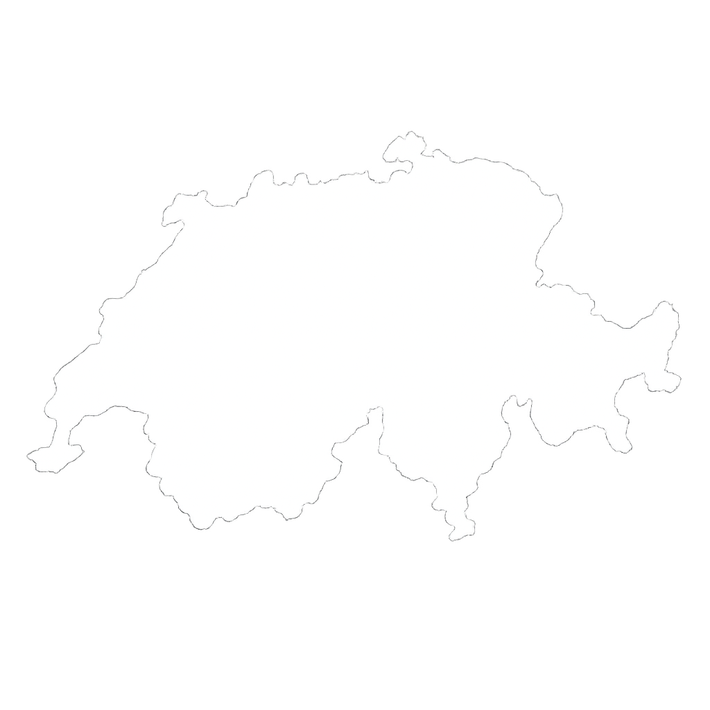 Kontur der Schweiz mit einem leuchtenden weißen Rand und einem schwarzen Hintergrund.