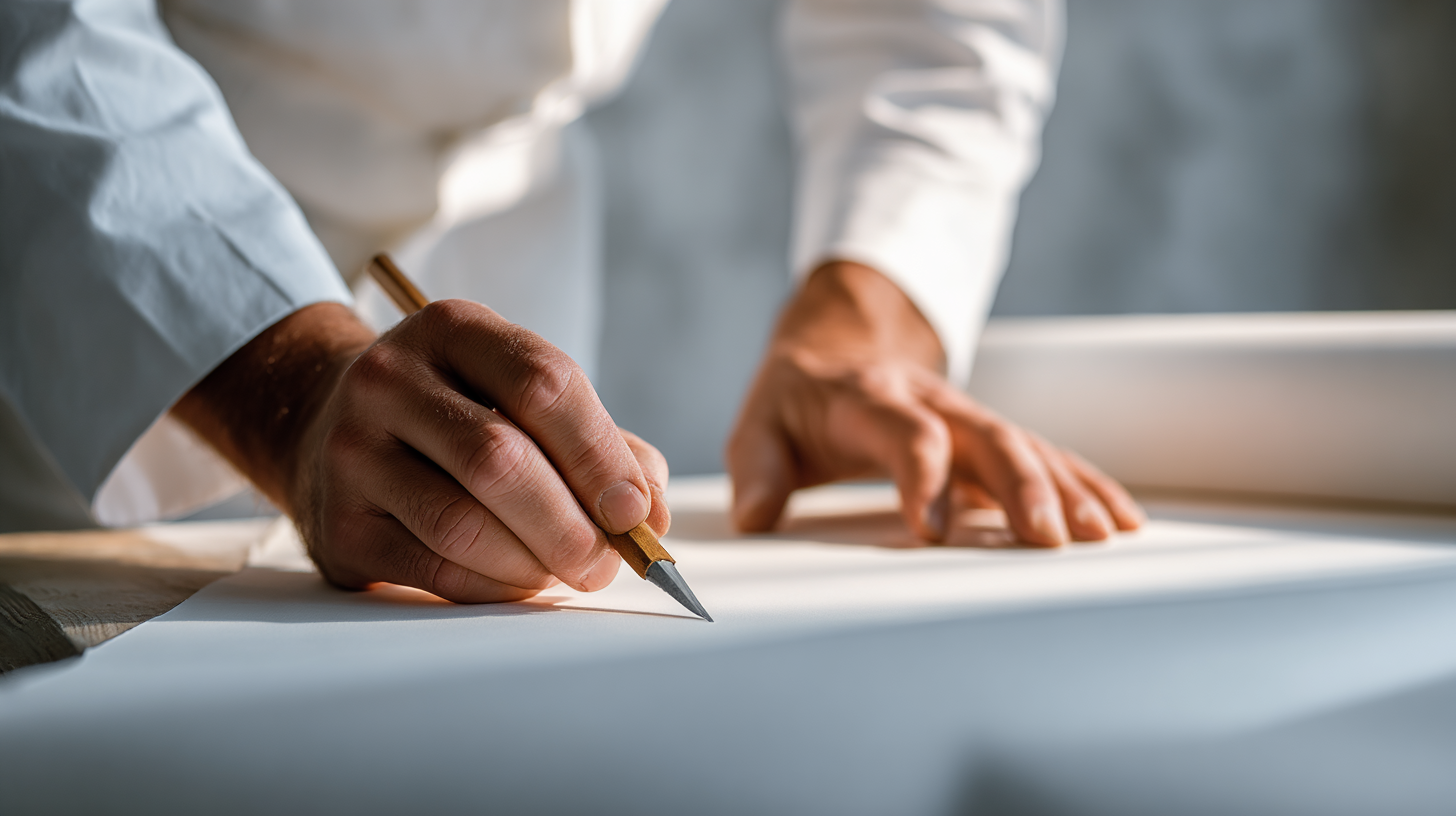 Eine Maler hält ein Messer und schneidet präzise auf einer weissen Tapete.