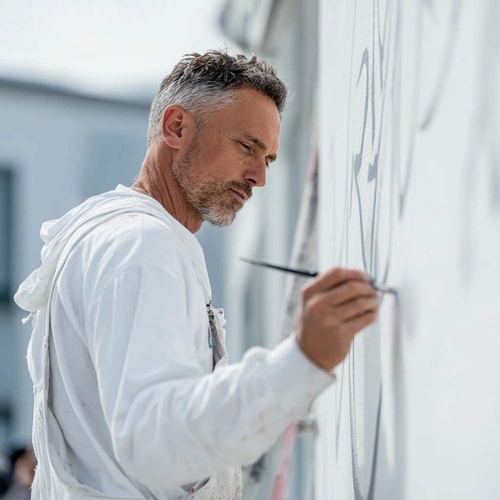 Ein Mann malt konzentriert mit einem Pinsel an einer weissen Wand.