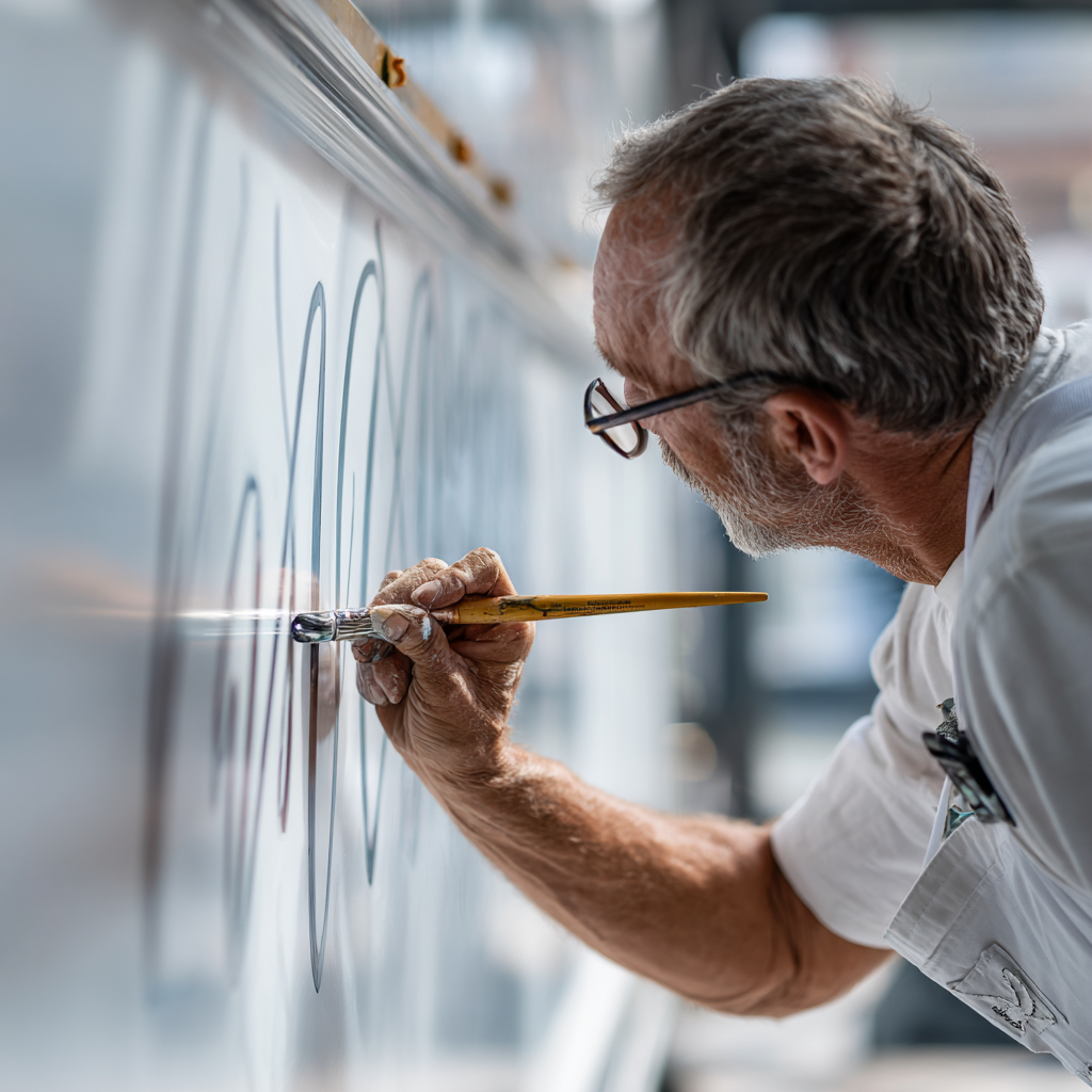 Mann mit Brille malt mit einem Pinsel sorgfältig Buchstaben auf eine weisse Wand.
