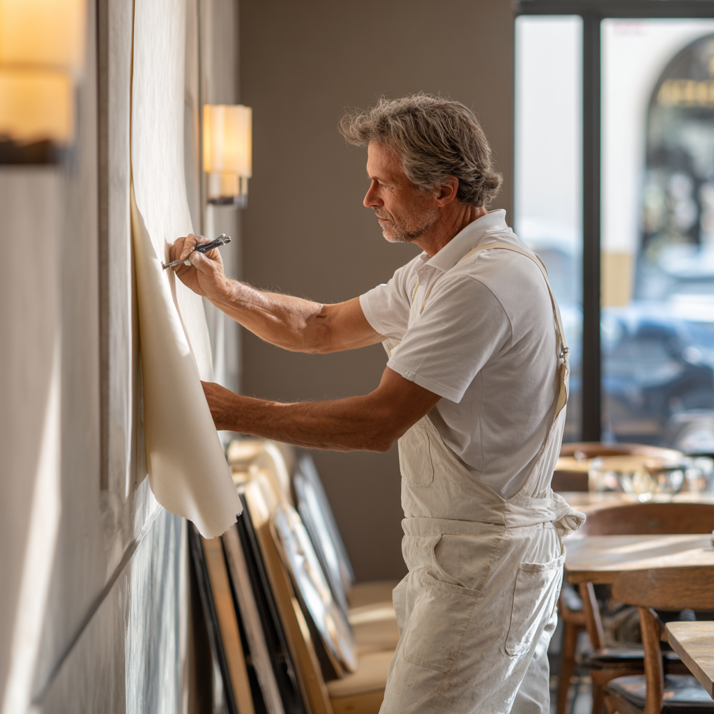 Mann in Arbeitskleidung klebt Tapete an eine Wand in einem hellen Raum mit Holzmöbeln.