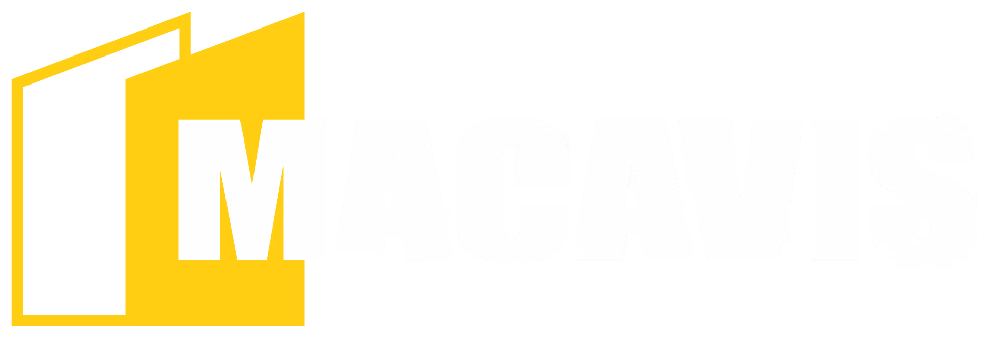 Yellow geometric logo with white letter M