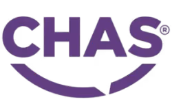 CHAS company logo in purple.