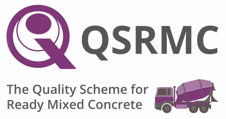 QSRC logo with purple Q symbol, black text reading 'QSRMC The Quality Scheme for Ready Mixed Concrete,' and purple concrete mixer truck illustration.