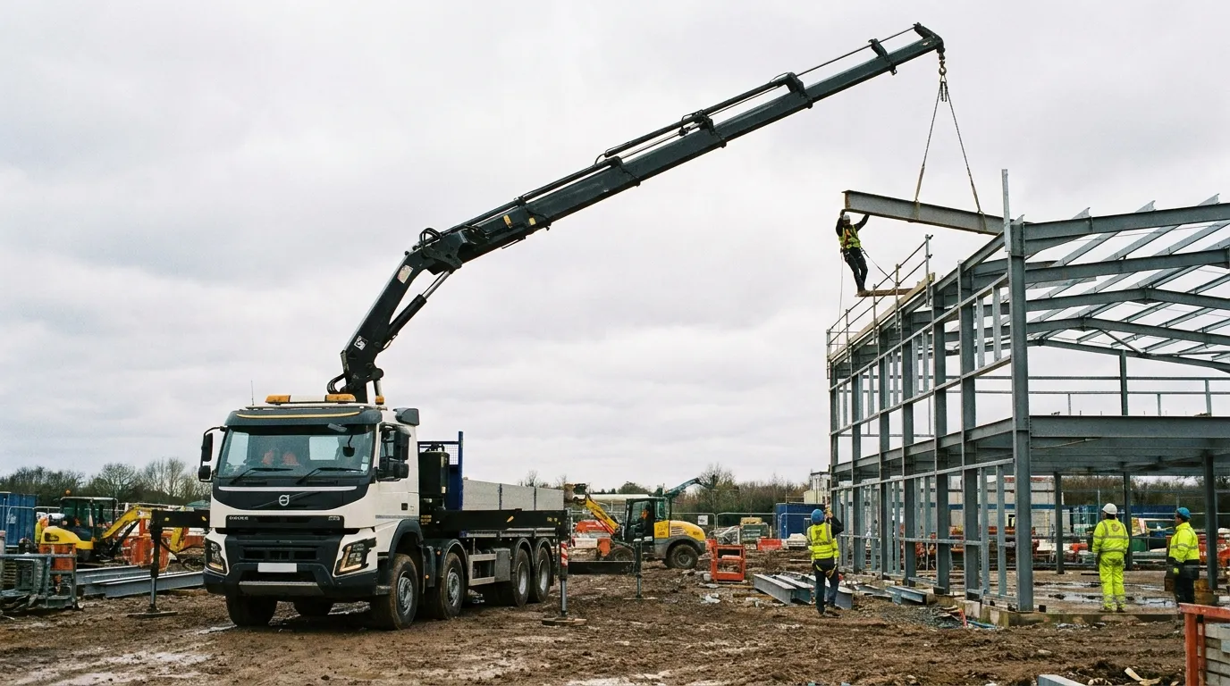 8-wheel HIAB crane lorry lifting a steel beam on a construction site