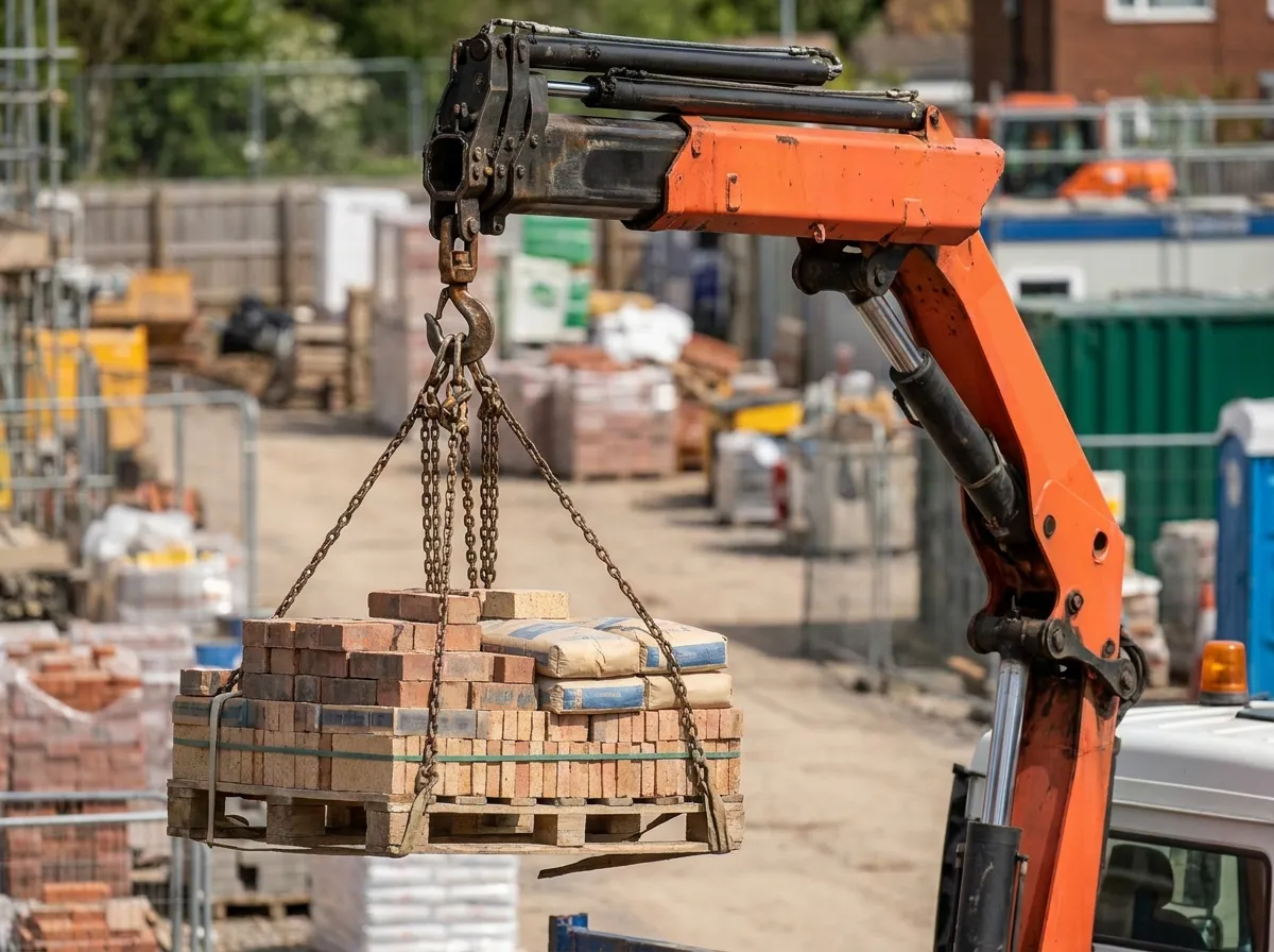 Crane hook lifting palletised building materials