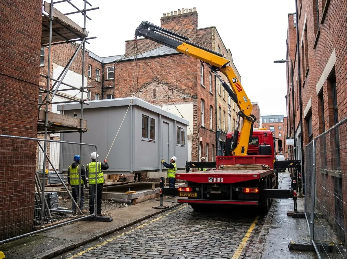HIAB crane lorry lifting a modular building into a tight site