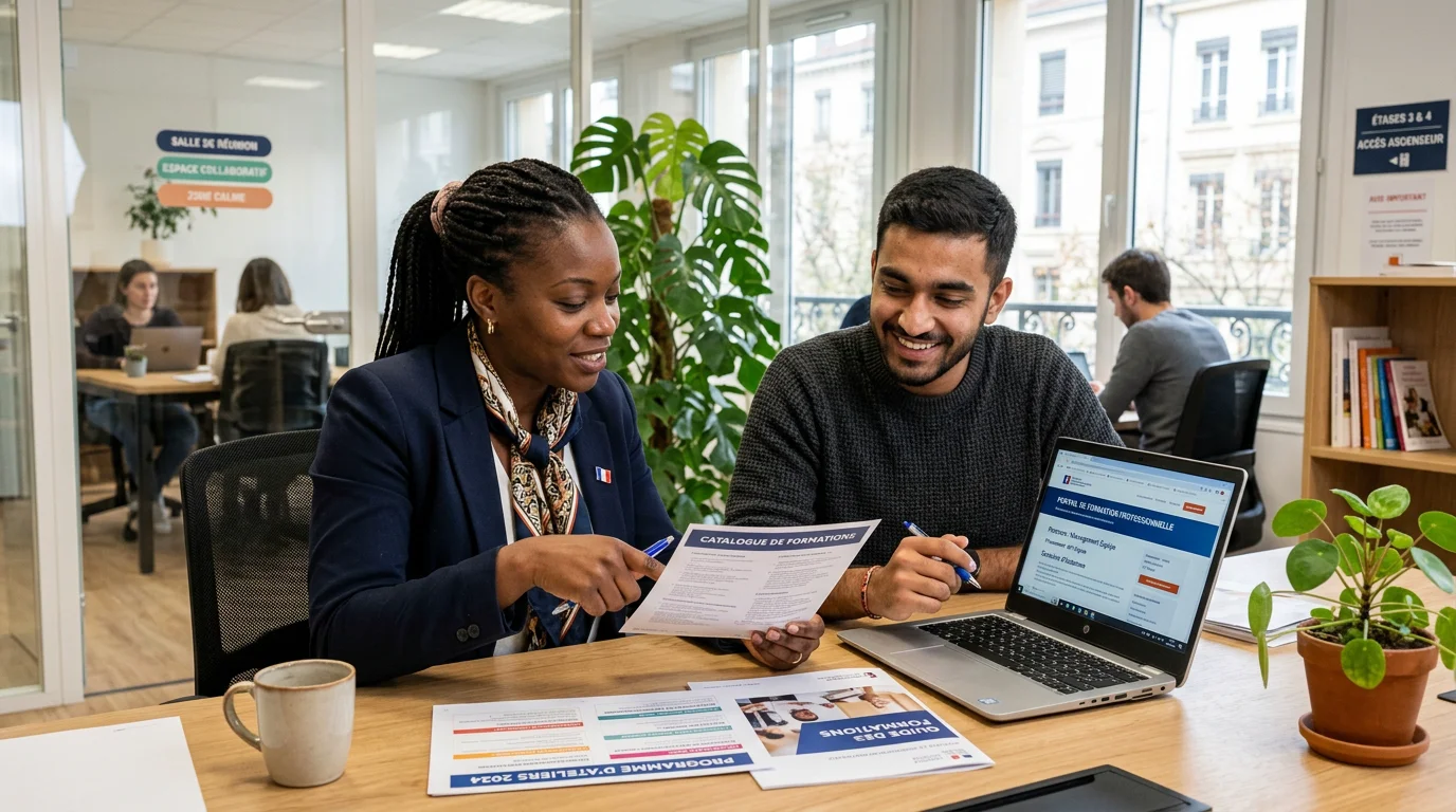 Deux professionnels comparant des formations en management certifiantes