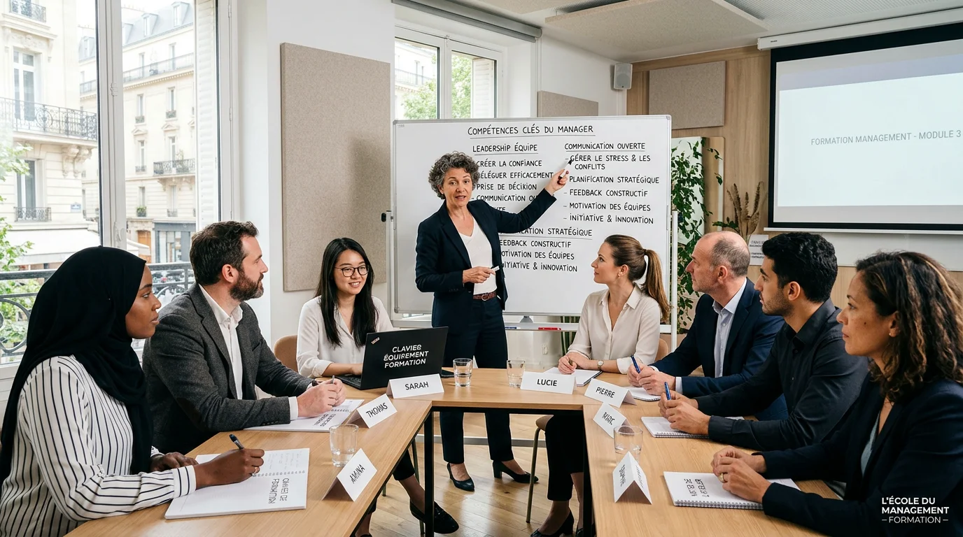 Groupe de managers en formation certifiante dans une salle d'entreprise