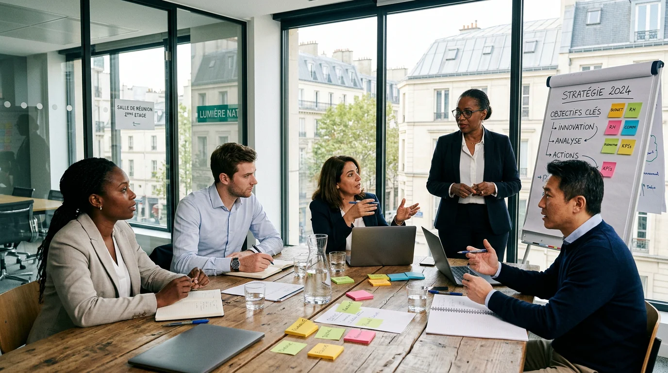 Managers en atelier de formation participative dans une salle d'entreprise