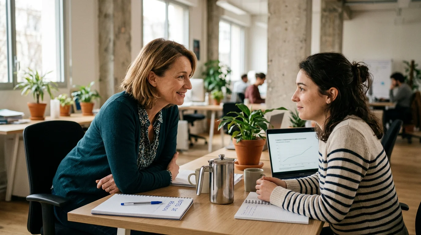 Manager à l'écoute d'un collaborateur lors d'un entretien individuel dans un bureau lumineux
