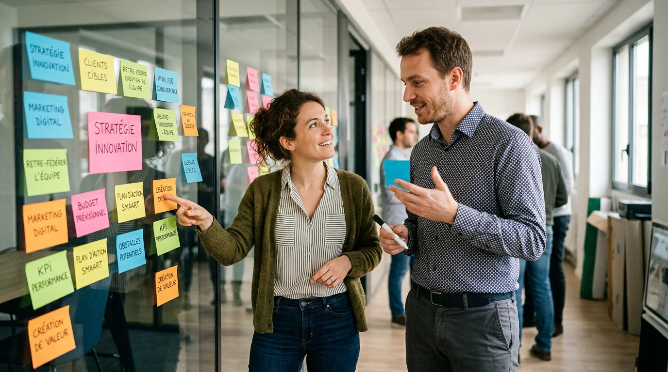 Deux participants engagés lors d'un atelier de formation devant un mur de post-it