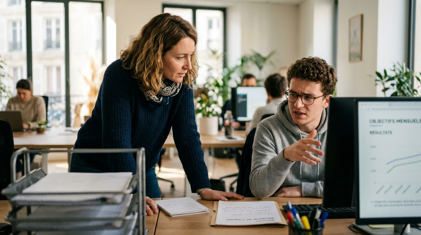 Une manager de proximité écoute avec empathie un collaborateur inquiet dans un bureau