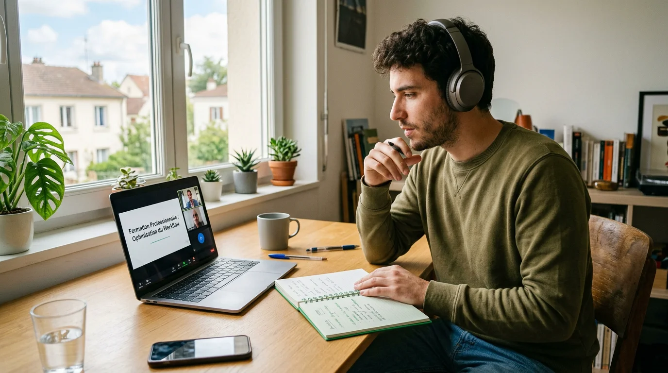 Manager suivant une formation à distance depuis son bureau à domicile