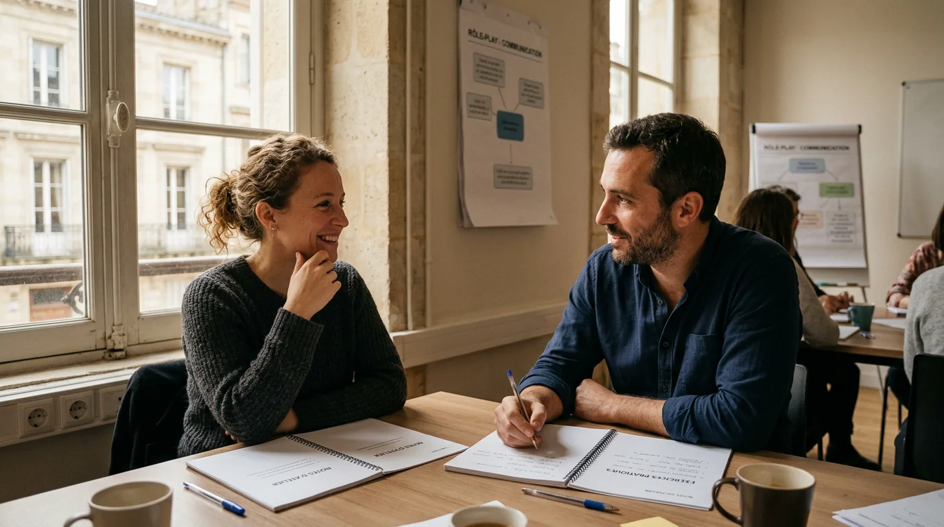 Deux participants en jeu de rôle lors d'un atelier de formation au management
