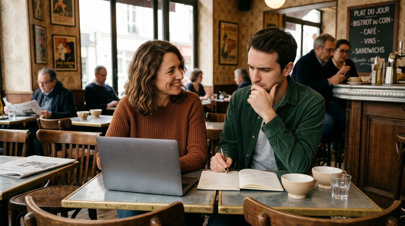 Deux professionnels échangent lors d'une session de coaching en management dans un café