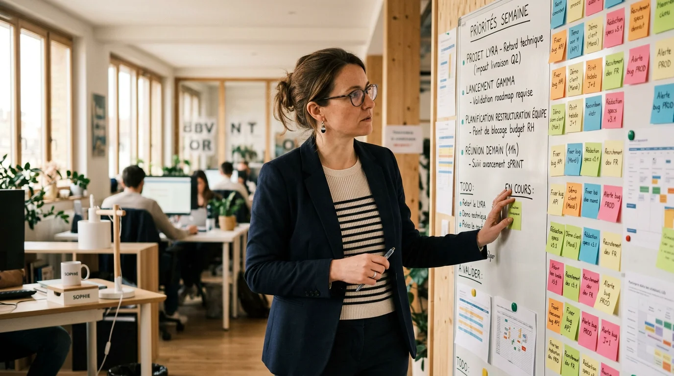 Manager européenne réfléchissant devant un tableau de priorités d'équipe