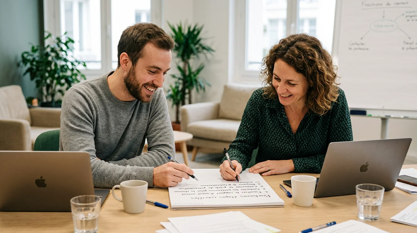 Deux participants européens motivés rédigeant leur plan d'action en formation