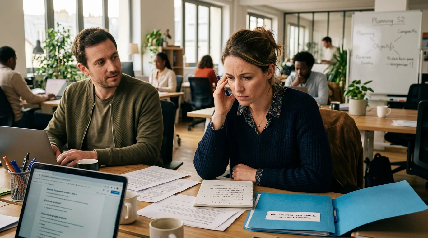 Un manager pensif et débordé dans un bureau en open space