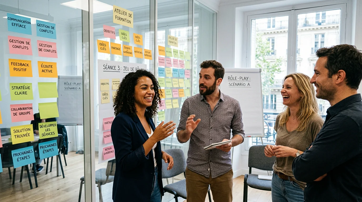 Groupe de professionnels en atelier de formation interactif