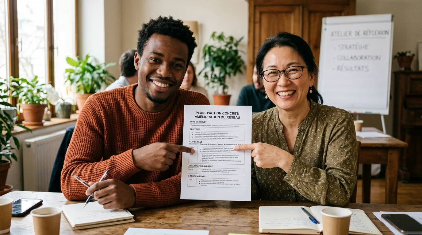 Deux collègues satisfaits examinent un plan d'action lors d'un atelier