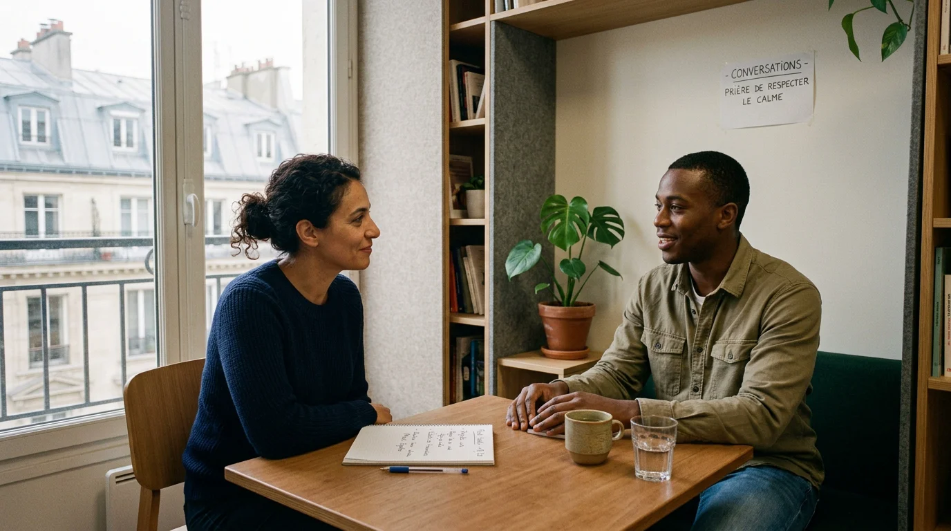 Un manager écoute avec attention un collaborateur lors d'un entretien individuel près d'une fenêtre