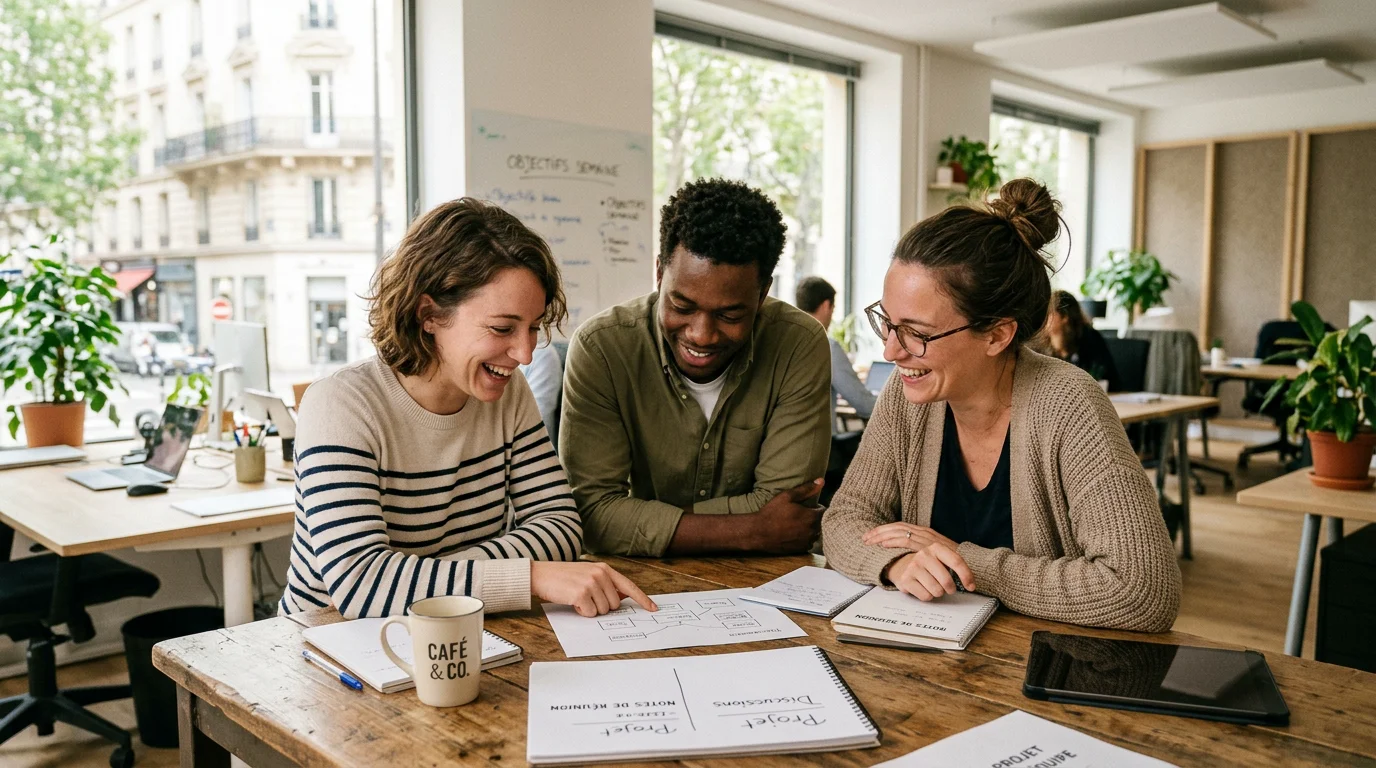 Une équipe diverse et souriante collabore autour d'une table dans un bureau lumineux