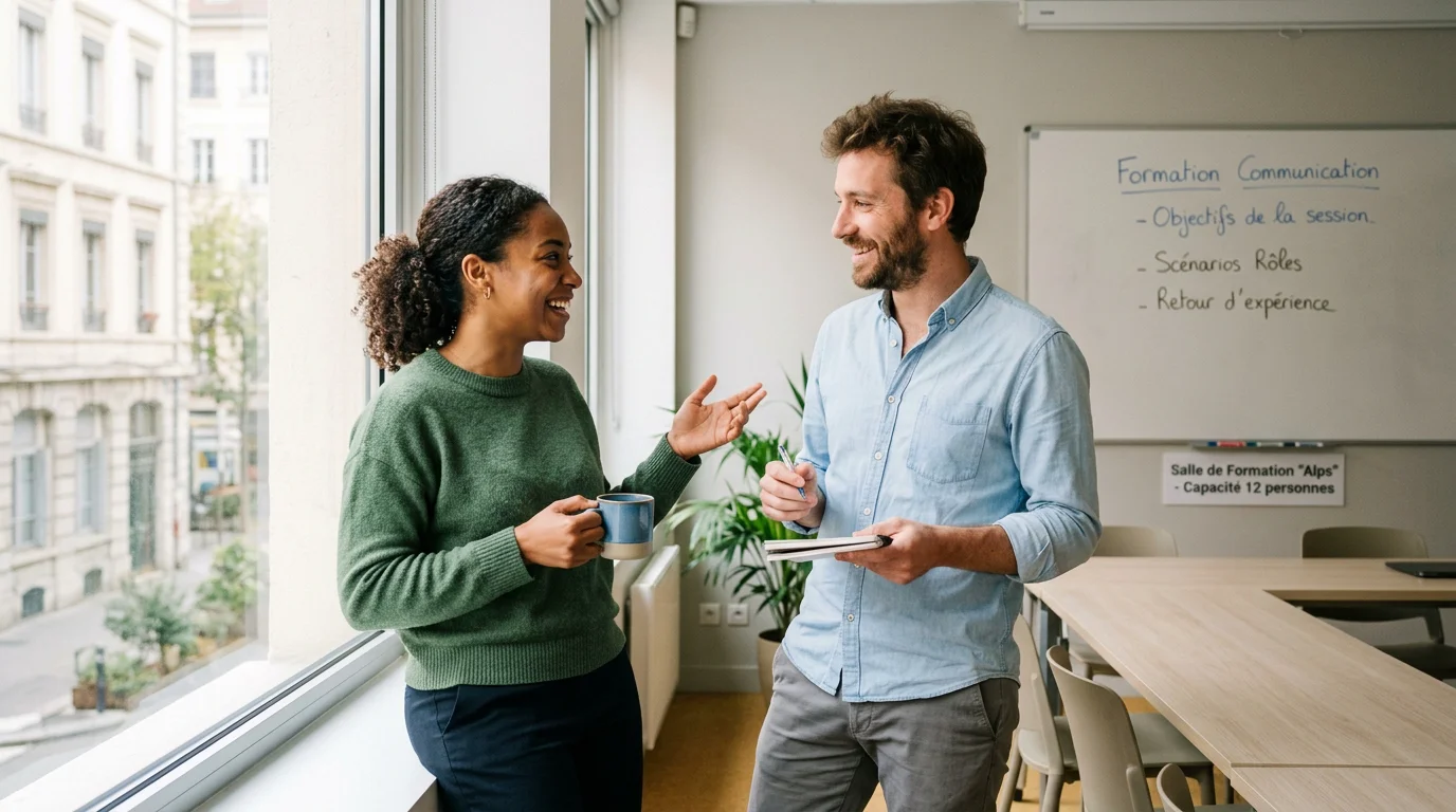 Deux collègues échangent avec enthousiasme dans une salle de formation lumineuse
