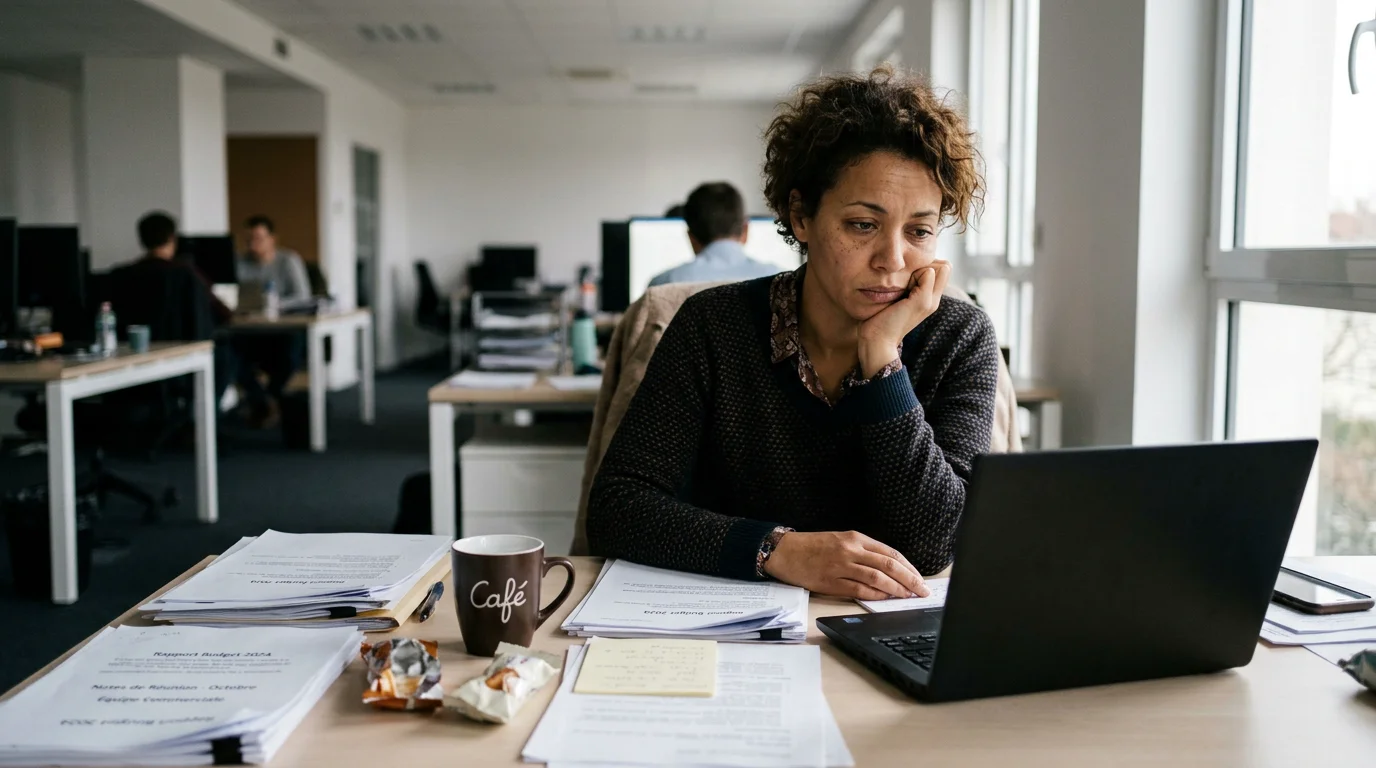 Un manager fatigué réfléchit seul à son bureau dans un open space