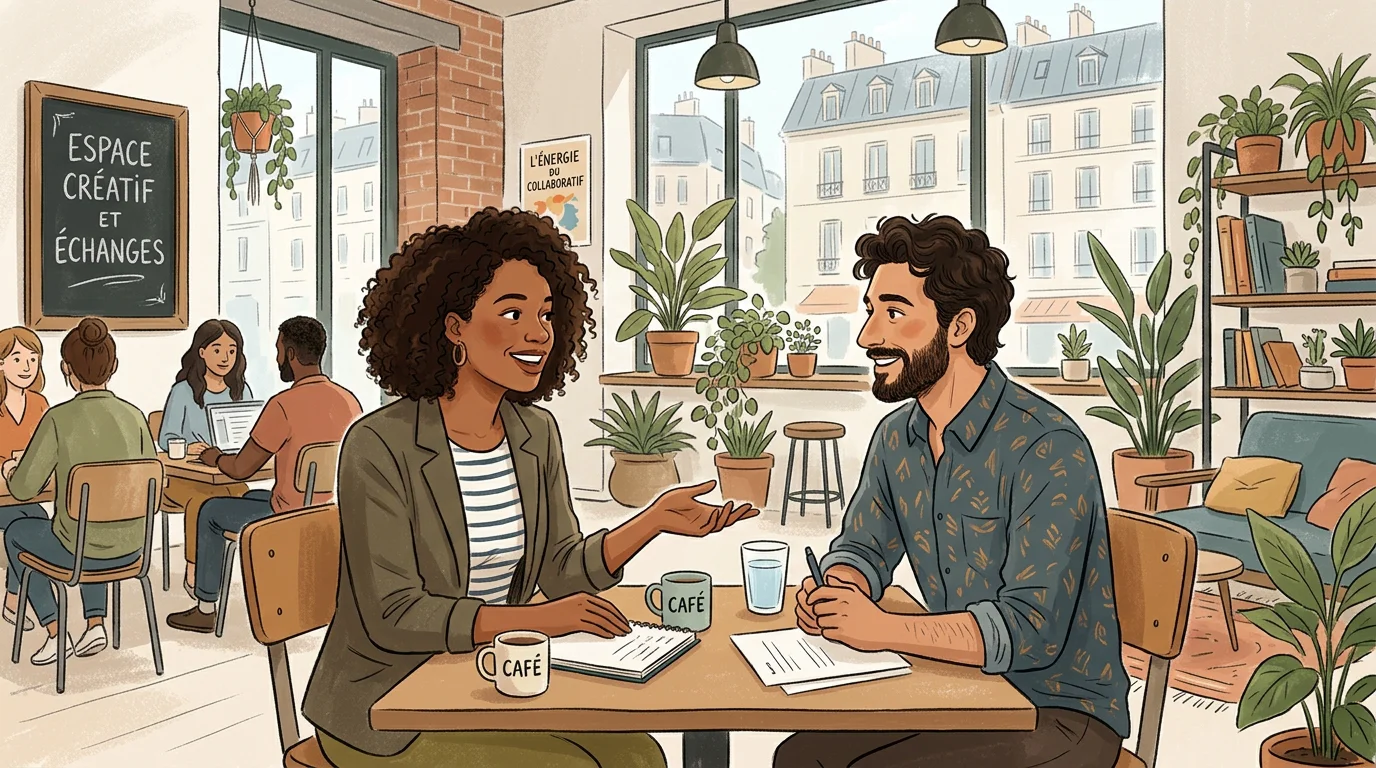 Une manager et un collaborateur échangent un retour bienveillant dans un espace de travail convivial
