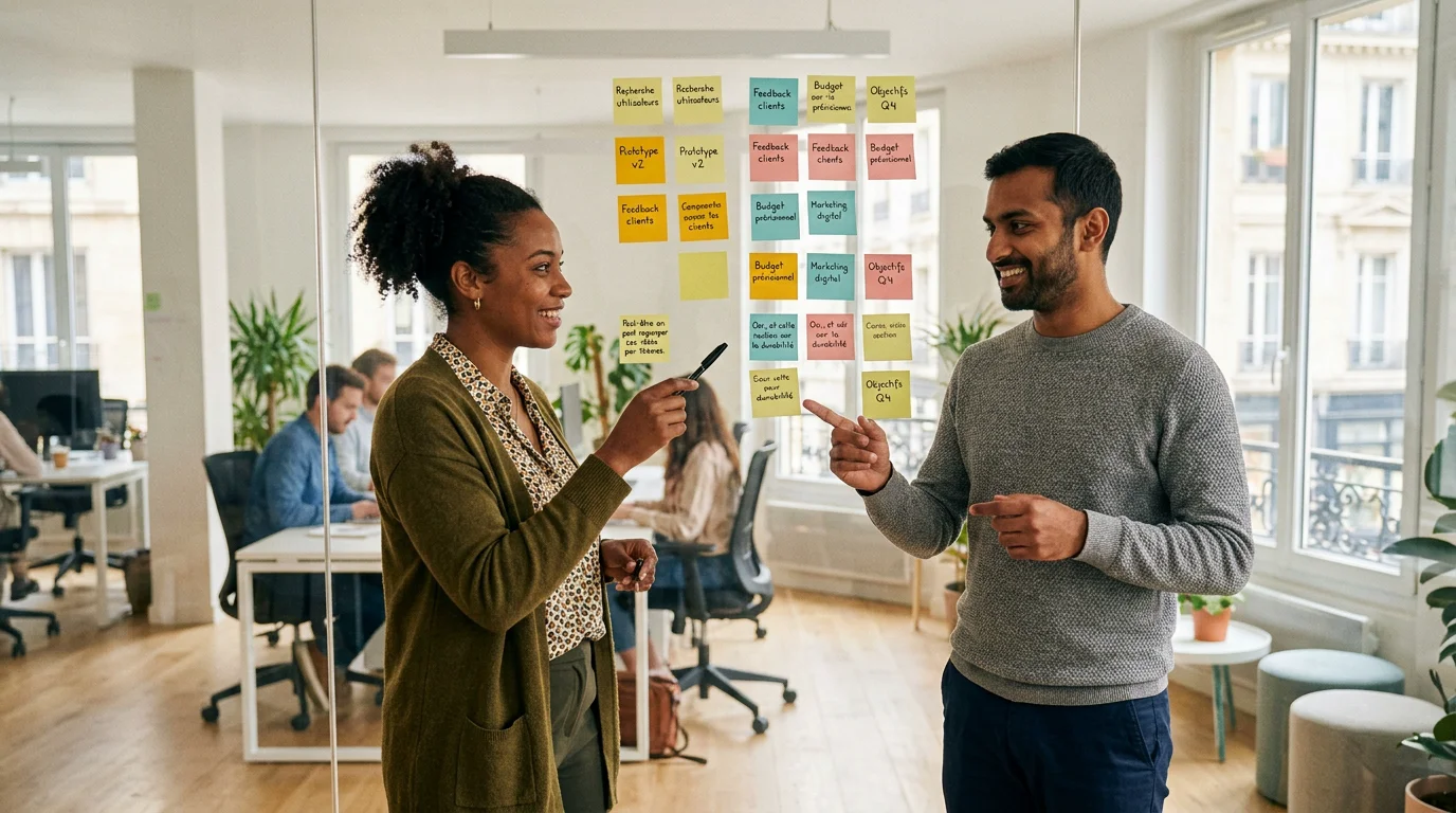Deux collègues échangent devant un mur de post-it dans un bureau lumineux
