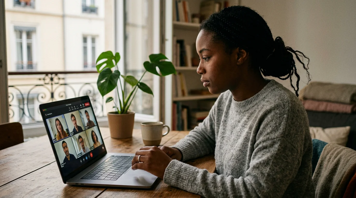 Une collaboratrice en visioconférence depuis son domicile