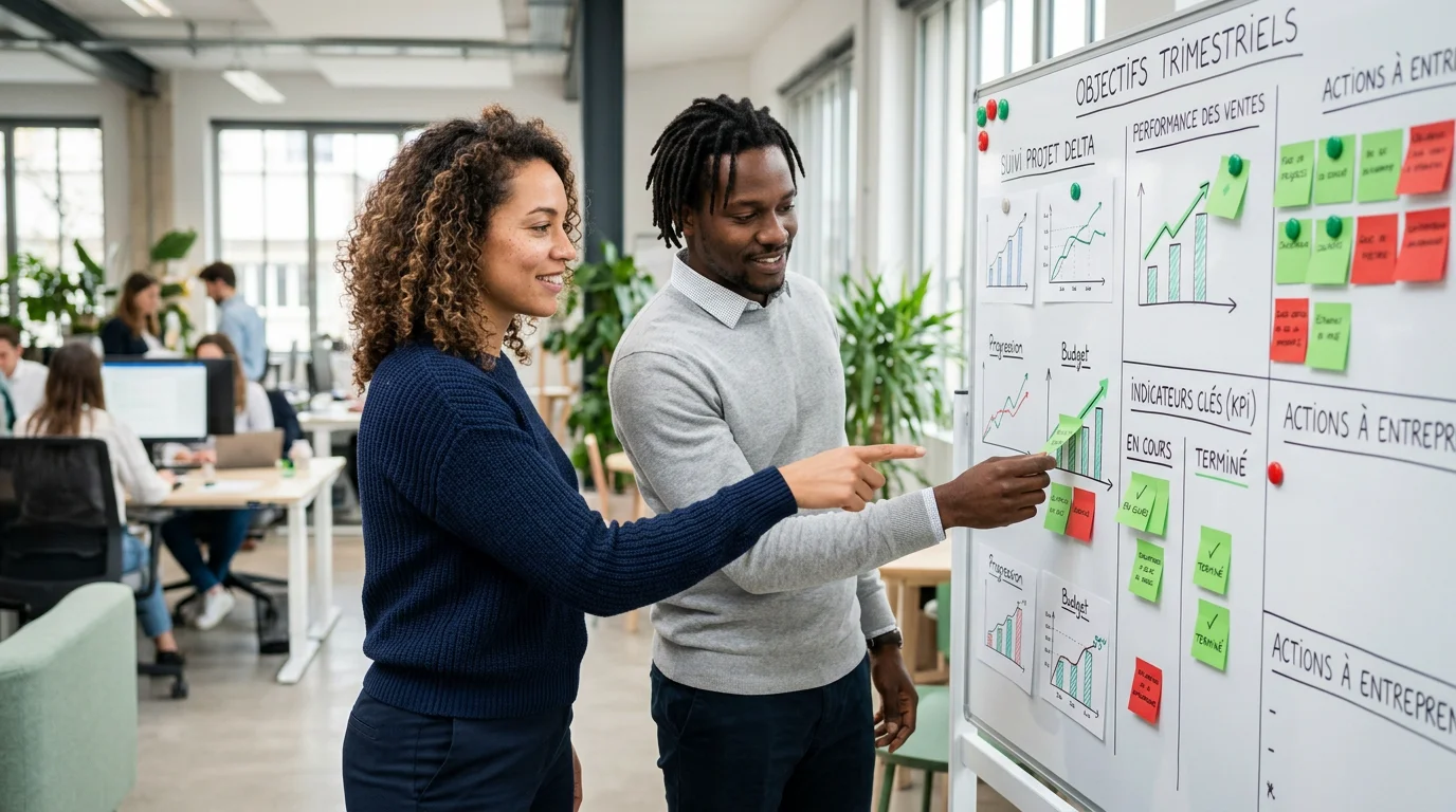 Deux managers analysant un tableau de pilotage visuel dans un bureau