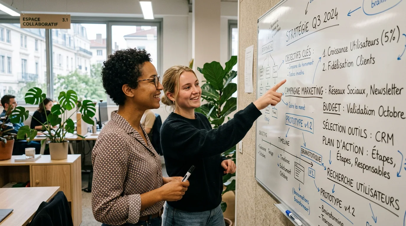 Deux collègues collaborant devant un tableau blanc