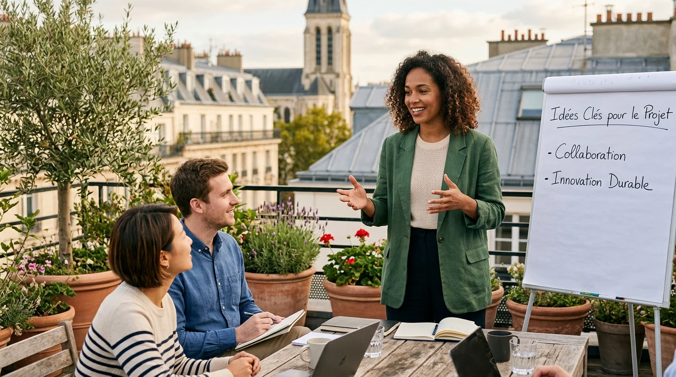 Animatrice conduisant un atelier de management durable sur une terrasse végétalisée