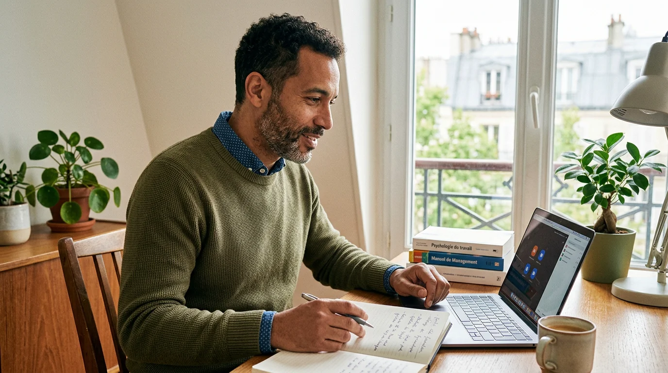 Manager suivant une formation au management en ligne depuis son bureau