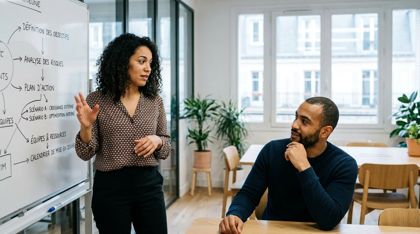 Deux managers échangent lors d'un atelier de mise en situation