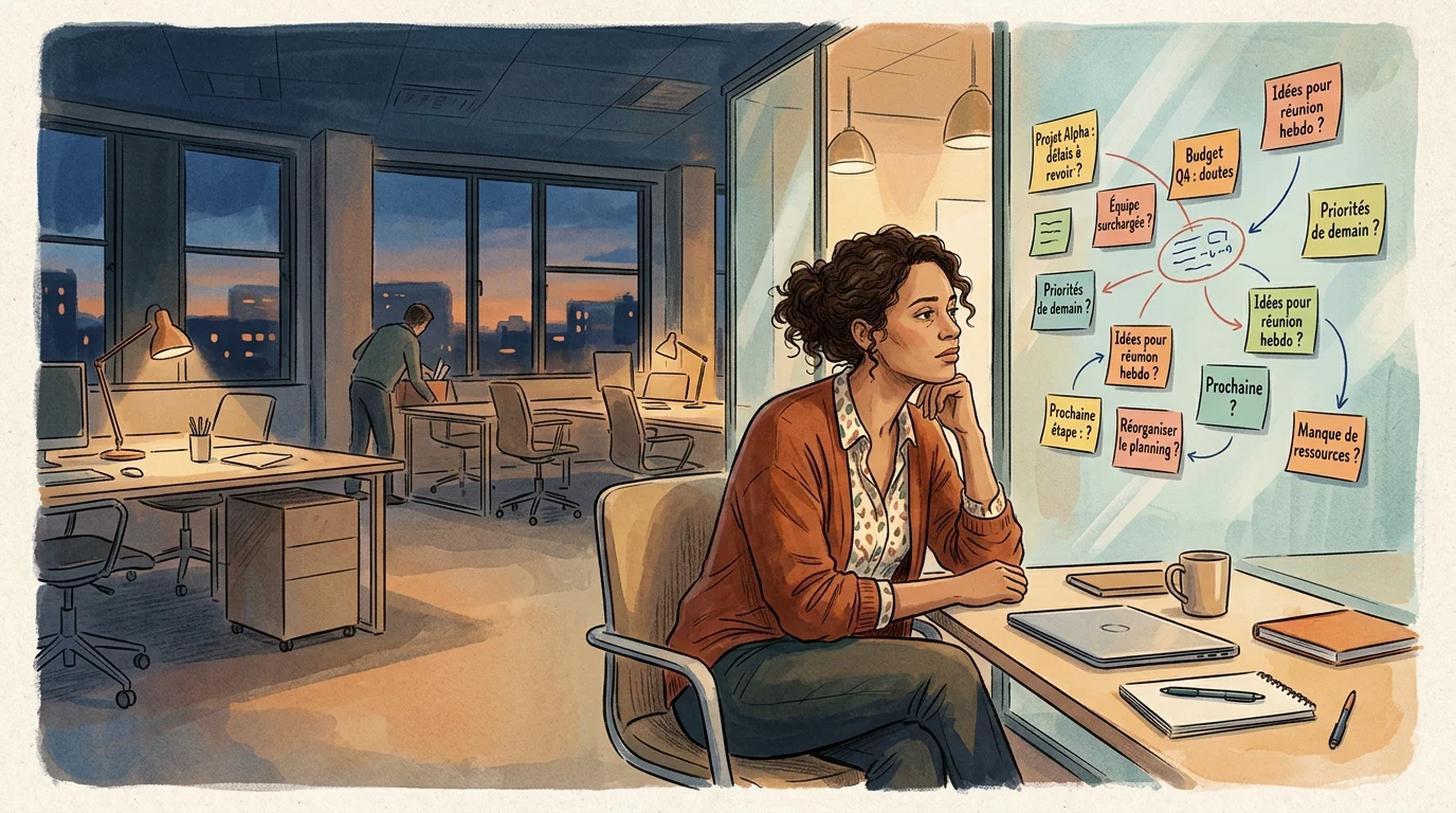 Manager pensive analysant des notes le soir dans un bureau lumineux
