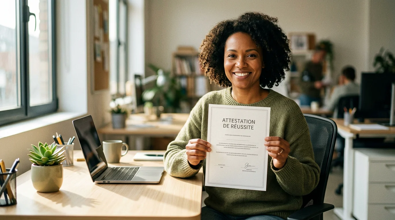 Une manager souriante tenant son attestation de formation certifiante à son bureau