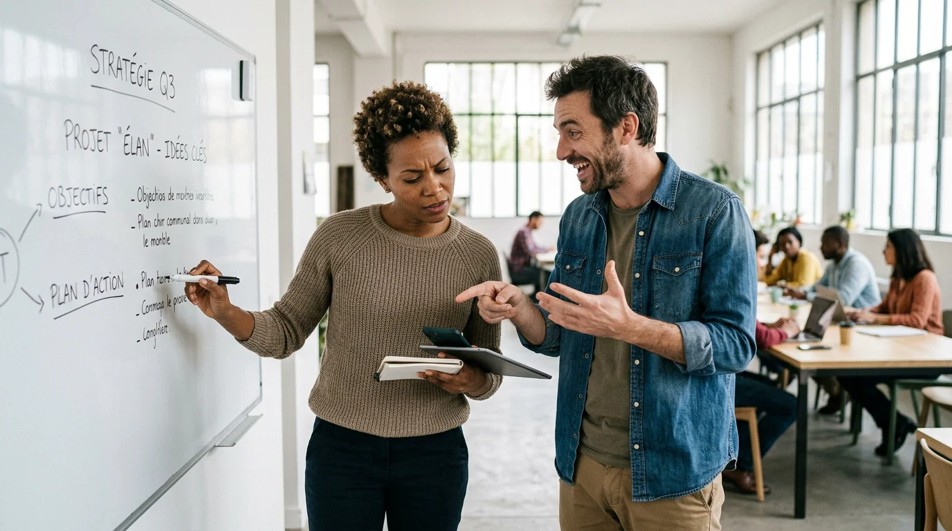 Deux collègues échangeant avec des émotions visibles dans un espace de coworking