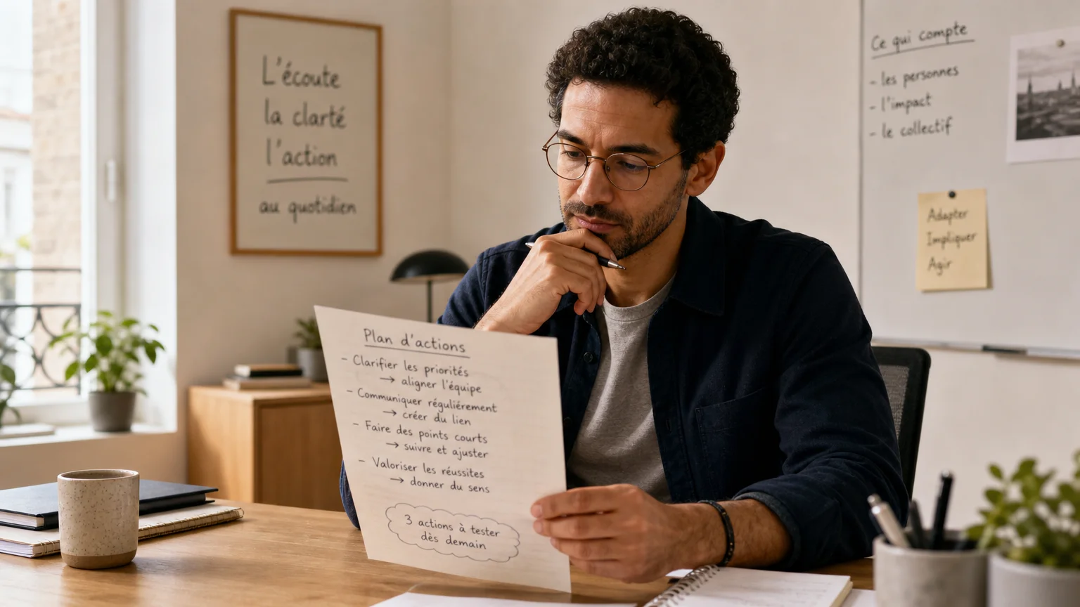 Un nouveau manager concentré relit son plan d'action dans un coin calme du bureau