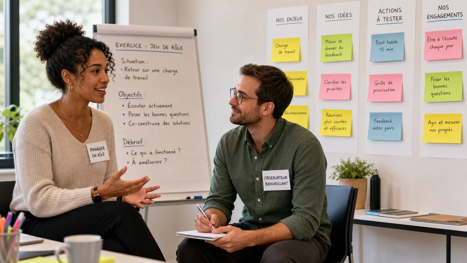 Deux collègues participent à un atelier de mise en situation lors d'une formation