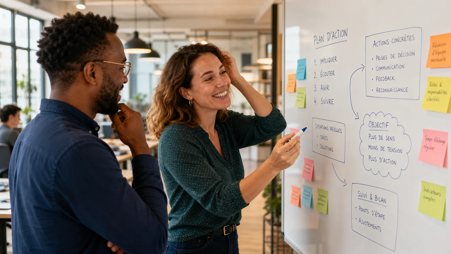 Deux collègues échangent devant un tableau blanc dans un bureau lumineux