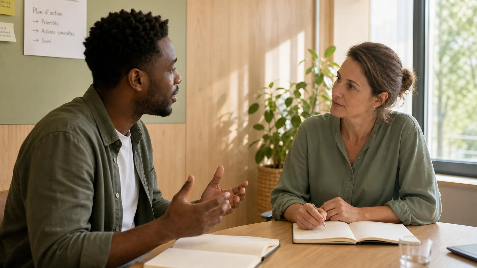 Manager et collaborateur échangent avec écoute dans une réunion professionnelle