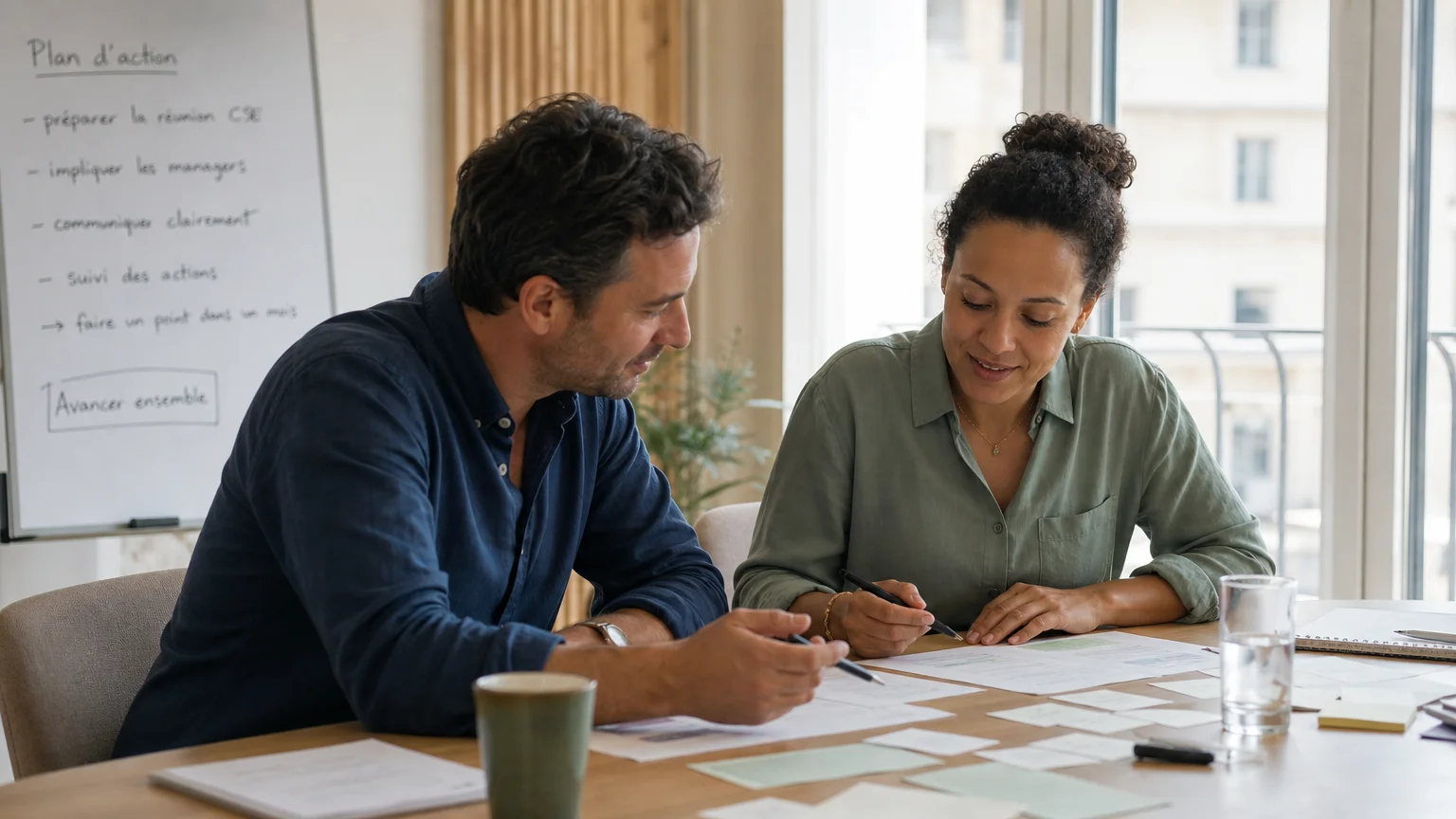Deux professionnels analysent ensemble une situation managériale lors d'un atelier participatif