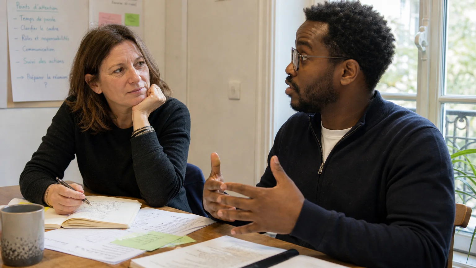 Deux professionnels échangent autour d’une situation managériale lors d’un atelier