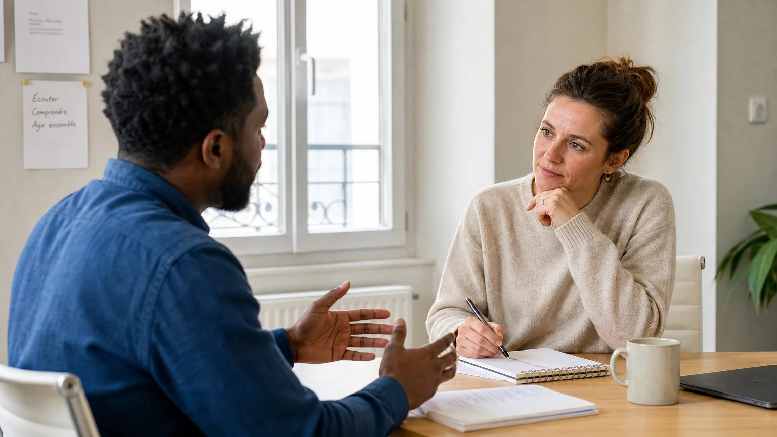 Deux professionnels testent une situation managériale pendant une formation