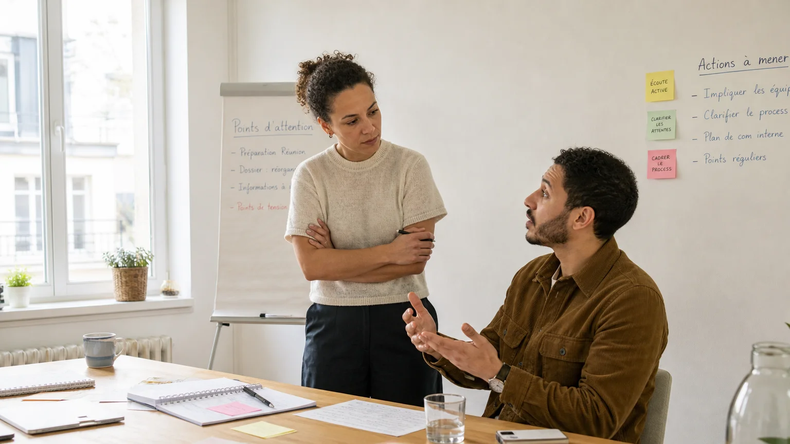 Deux professionnels échangent autour d’une situation managériale en formation