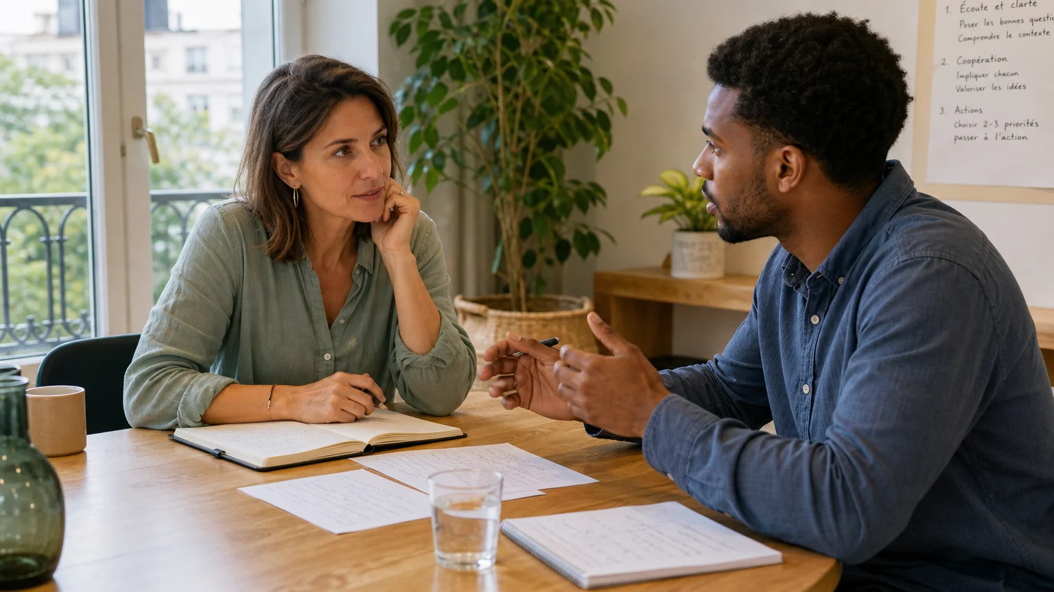 Manager et collaborateur construisant une solution en équipe